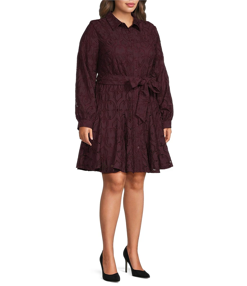 CIEBON Plus Size Serane Eyelet Embroidered Lace Collared Long Sleeve Shirt Dress