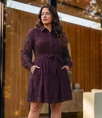 CIEBON Plus Size Serane Eyelet Embroidered Lace Collared Long Sleeve Shirt Dress