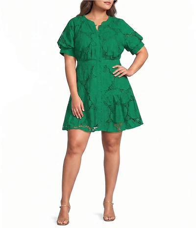 CIEBON Plus Size Steph Split V-Neck Puff Sleeve Lace A-Line Mini Dress