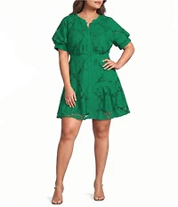 CIEBON Plus Size Steph Split V-Neck Puff Sleeve Lace A-Line Mini Dress