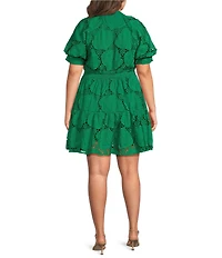 CIEBON Plus Size Steph Split V-Neck Puff Sleeve Lace A-Line Mini Dress