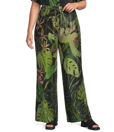 CIEBON Plus Size Thom Tropical Printed High-Rise Wide-Leg Coordinating Voile Pant