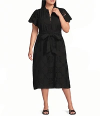 CIEBON Plus Size Willa Poplin Embroidered Collared Short Sleeve Belted Midi Shirt Dress