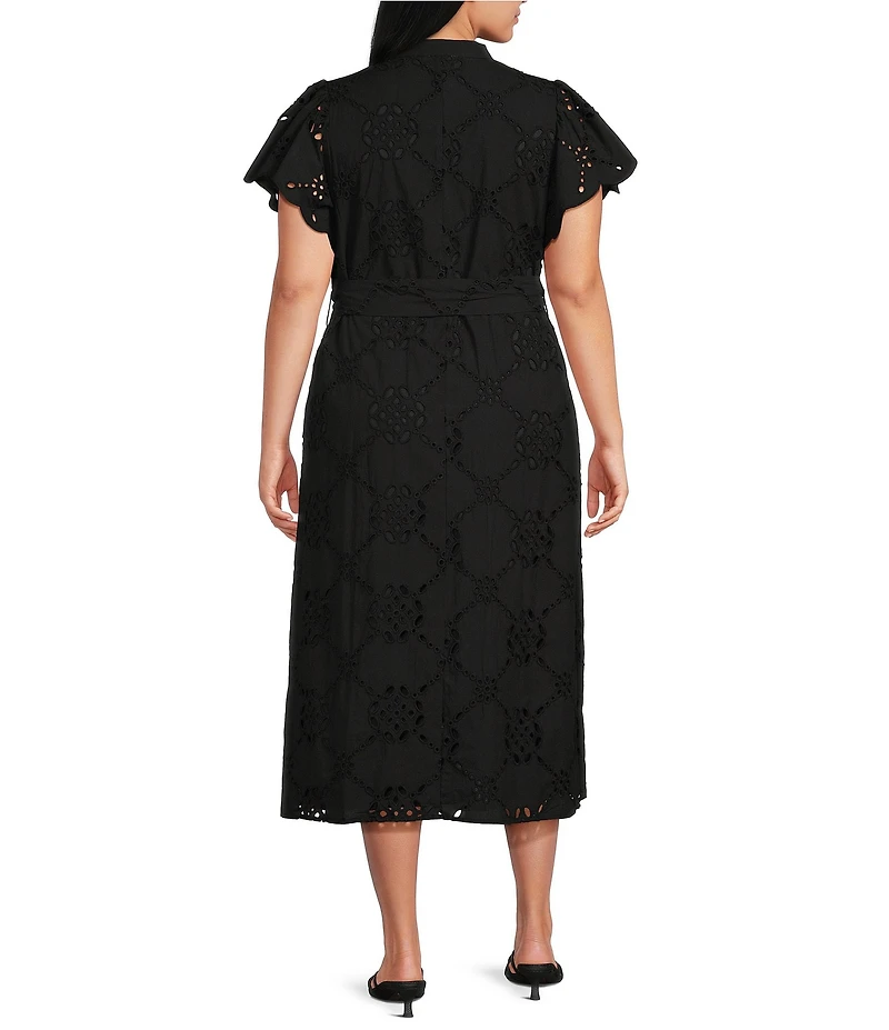 CIEBON Plus Size Willa Poplin Embroidered Collared Short Sleeve Belted Midi Shirt Dress