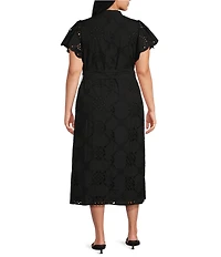 CIEBON Plus Size Willa Poplin Embroidered Collared Short Sleeve Belted Midi Shirt Dress