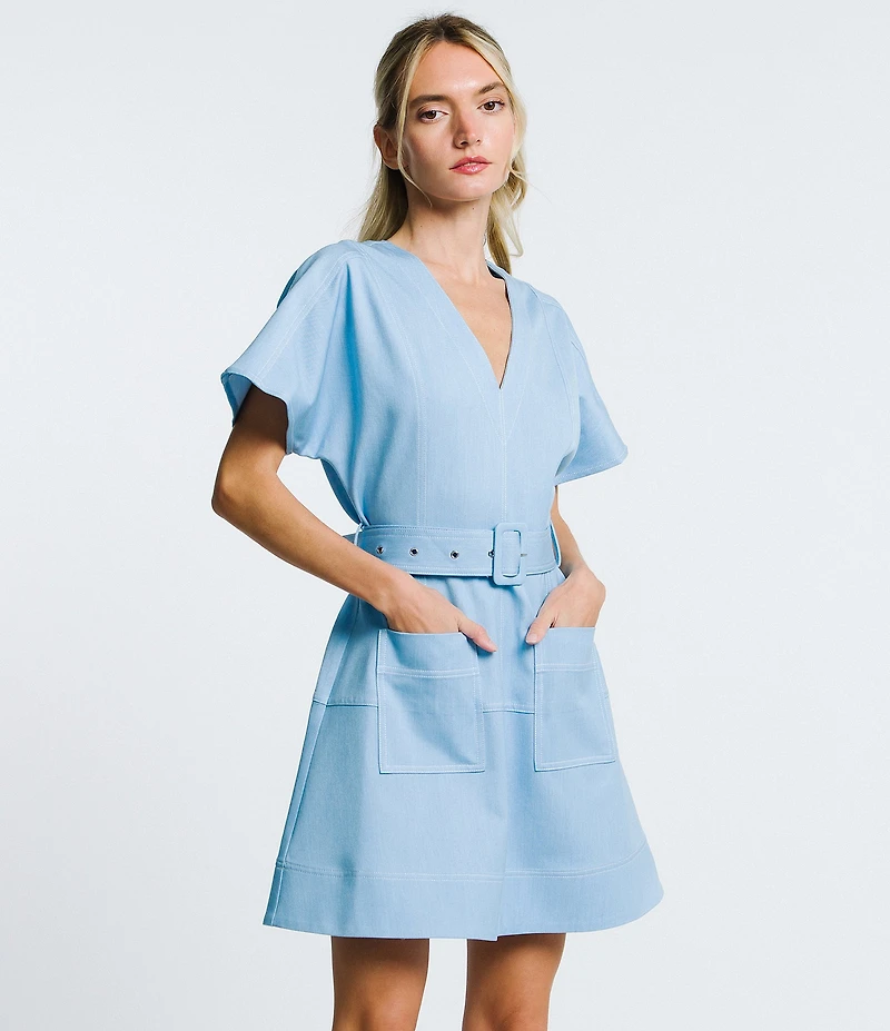 CIEBON Polly Faux Denim V-Neck Short Sleeve Mini Dress