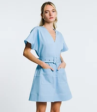 CIEBON Polly Faux Denim V-Neck Short Sleeve Mini Dress