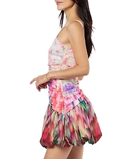 CIEBON Remi Printed Voile Square Neck Sleeveless Asymmetrical Bubble Hem Mini Dress