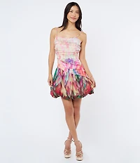 CIEBON Remi Printed Voile Square Neck Sleeveless Asymmetrical Bubble Hem Mini Dress