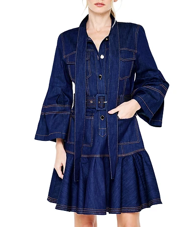 CIEBON Roma Topstiched Denim Collared Long Sleeve Belted Mini Dress