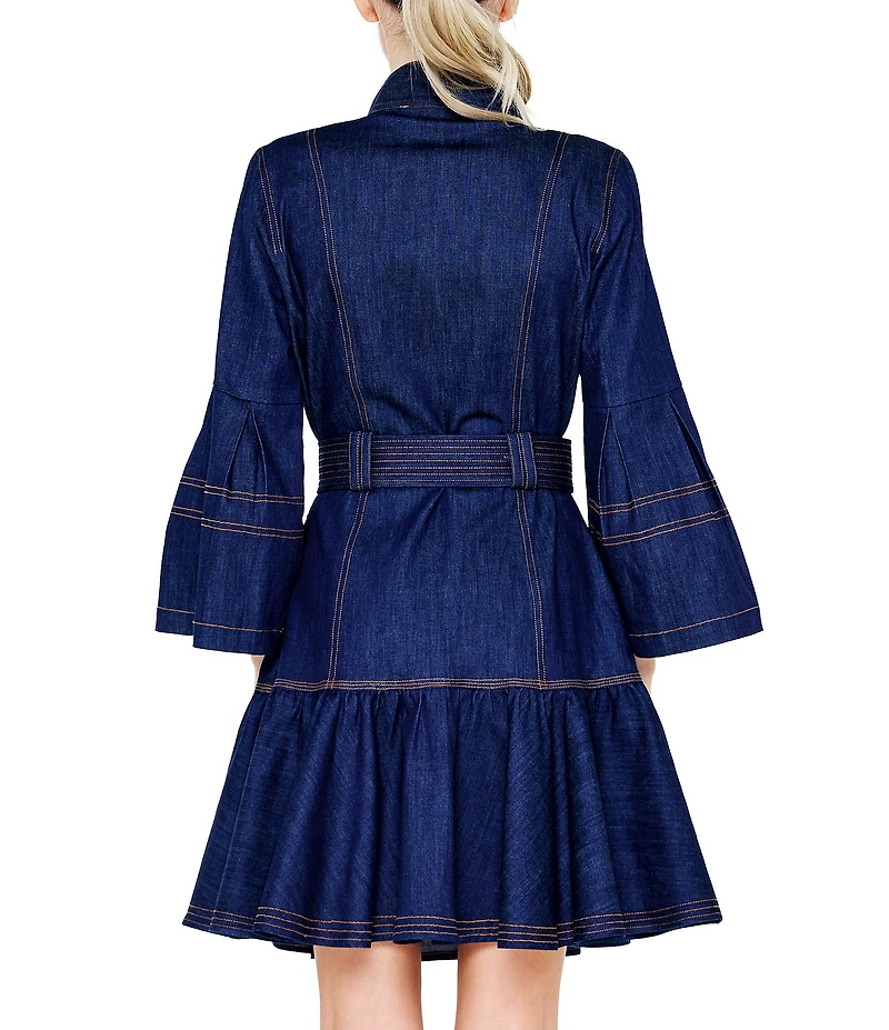 CIEBON Roma Topstiched Denim Collared Long Sleeve Belted Mini Dress