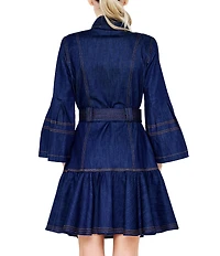 CIEBON Roma Topstiched Denim Collared Long Sleeve Belted Mini Dress