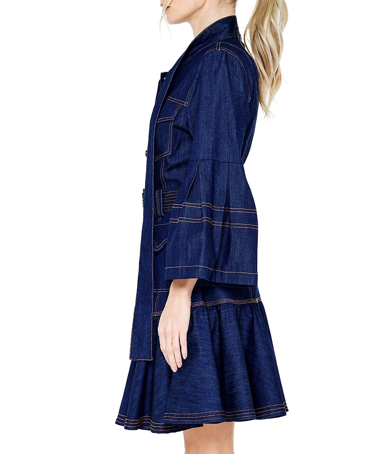 CIEBON Roma Topstiched Denim Collared Long Sleeve Belted Mini Dress