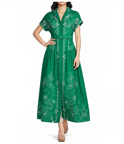 CIEBON Rosalyn Floral Printed Collared Neck Short Sleeve A-Line Crepe Maxi Dress
