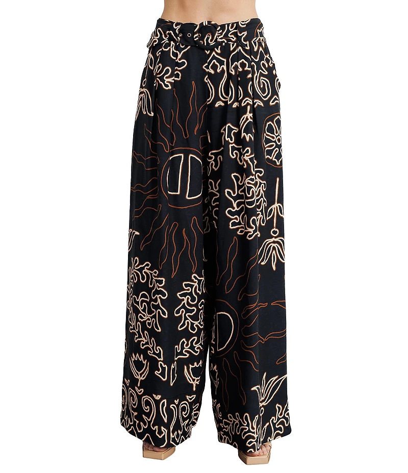 CIEBON Seleste Printed Woven High Waist Wide Leg Belted Coordinating Pants