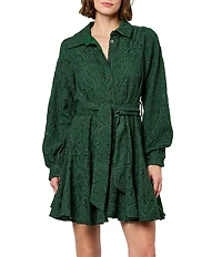CIEBON Serane Eyelet Embroidered Collared Neck Belted Button Front Shirt Dress