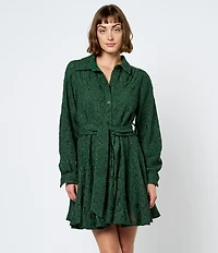 CIEBON Serane Eyelet Embroidered Collared Neck Belted Button Front Shirt Dress