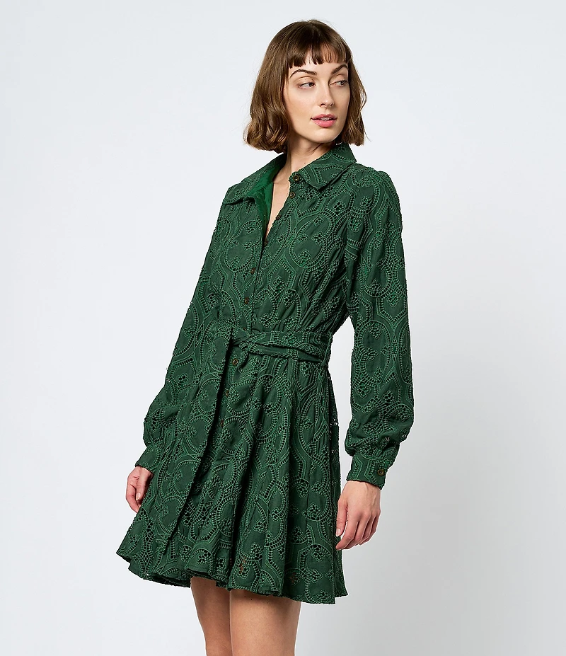 CIEBON Serane Eyelet Embroidered Collared Neck Belted Button Front Shirt Dress