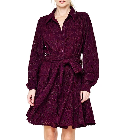 CIEBON Serane Eyelet Embroidered Lace Collared Long Sleeve Belted Mini Shirt Dress
