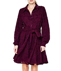 CIEBON Serane Eyelet Embroidered Lace Collared Long Sleeve Belted Mini Shirt Dress