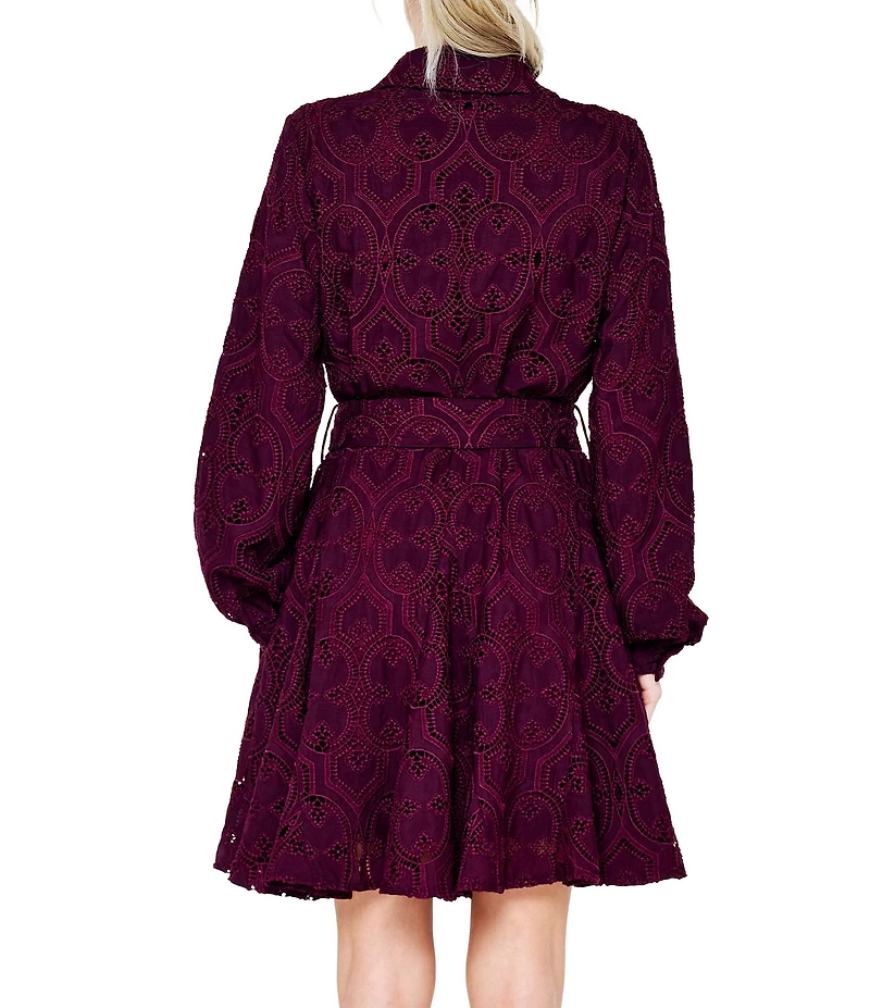 CIEBON Serane Eyelet Embroidered Lace Collared Long Sleeve Belted Mini Shirt Dress