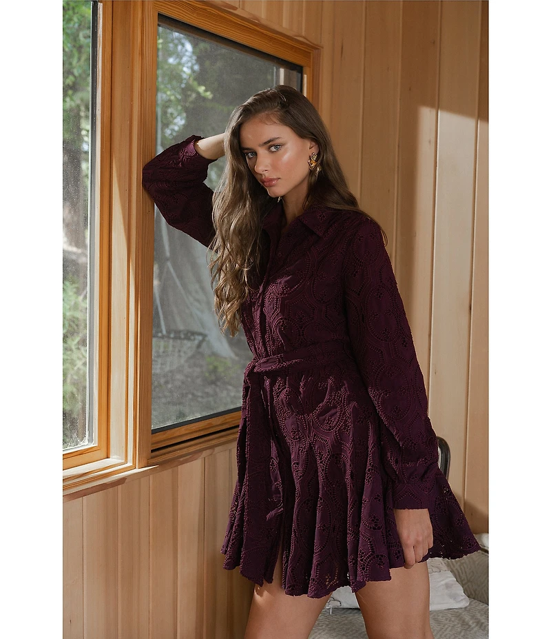 CIEBON Serane Eyelet Embroidered Lace Collared Long Sleeve Belted Mini Shirt Dress
