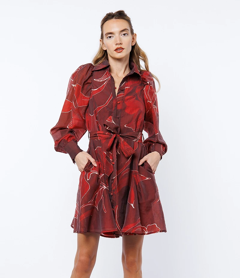 CIEBON Silvie Floral Print Mandarin Collar Long Sleeve Mini Dress