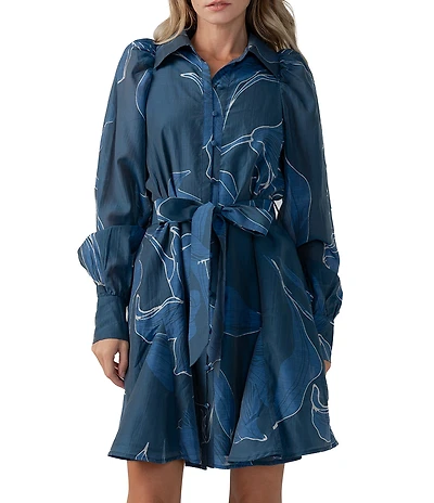 CIEBON Silvie Floral Print Mandarin Collar Long Sleeve Mini Dress