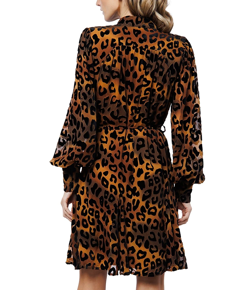 CIEBON Suxie Animal Print Collared Neckline Long Balloon Sleeve Velvet Burnout Fit and Flare Mini Dress