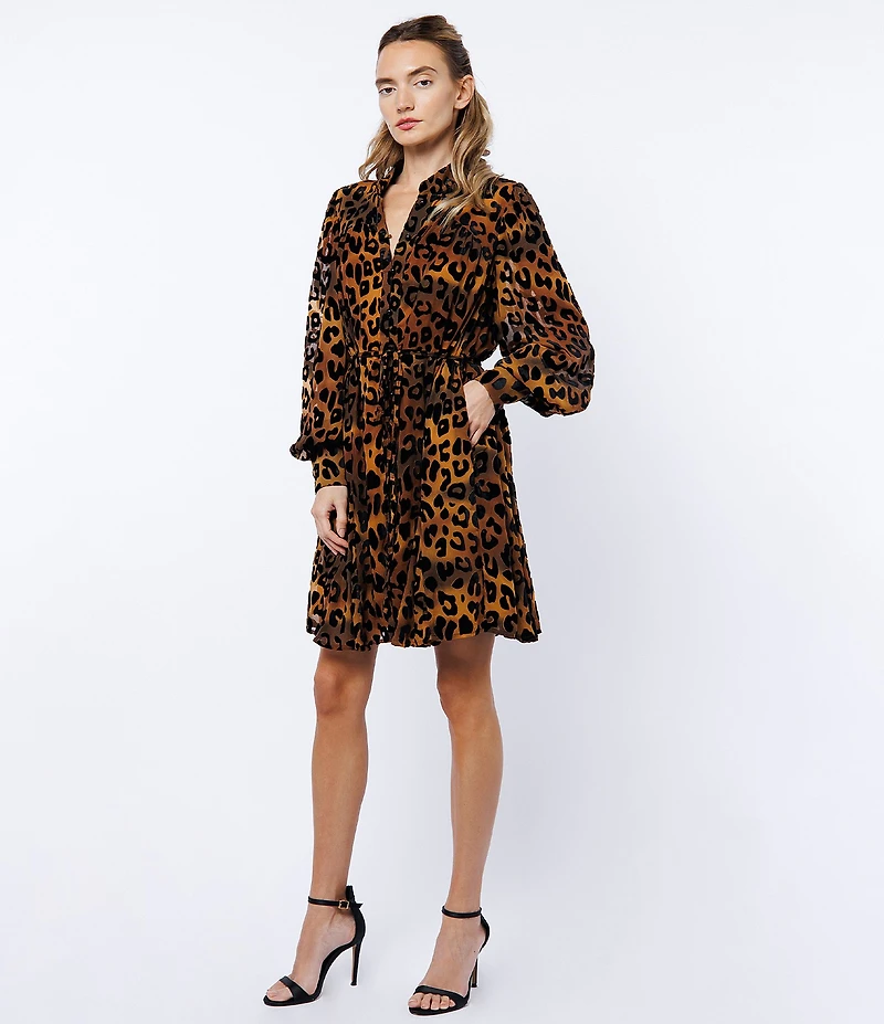 CIEBON Suxie Animal Print Collared Neckline Long Balloon Sleeve Velvet Burnout Fit and Flare Mini Dress