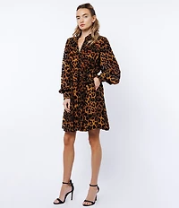 CIEBON Suxie Animal Print Collared Neckline Long Balloon Sleeve Velvet Burnout Fit and Flare Mini Dress