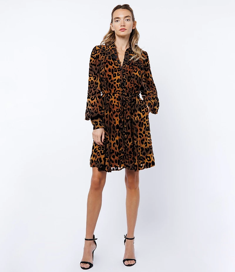 CIEBON Suxie Animal Print Collared Neckline Long Balloon Sleeve Velvet Burnout Fit and Flare Mini Dress