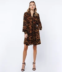 CIEBON Suxie Animal Print Collared Neckline Long Balloon Sleeve Velvet Burnout Fit and Flare Mini Dress