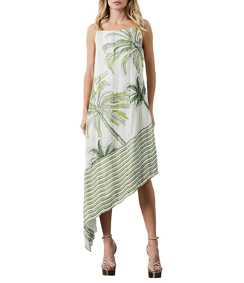 CIEBON Tamara Tropical Palm Tree Print Metallic Square Neck Asymmetrical Hem Midi Dress