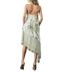 CIEBON Tamara Tropical Palm Tree Print Metallic Square Neck Asymmetrical Hem Midi Dress