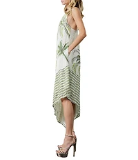CIEBON Tamara Tropical Palm Tree Print Metallic Square Neck Asymmetrical Hem Midi Dress