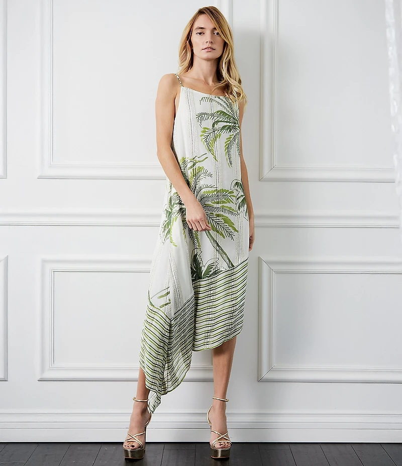 CIEBON Tamara Tropical Palm Tree Print Metallic Square Neck Asymmetrical Hem Midi Dress