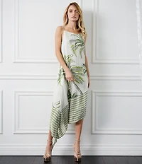 CIEBON Tamara Tropical Palm Tree Print Metallic Square Neck Asymmetrical Hem Midi Dress