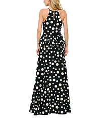 CIEBON Tashi 3D Flower Polka Dot Halter Neck Sleeveless Maxi Dress