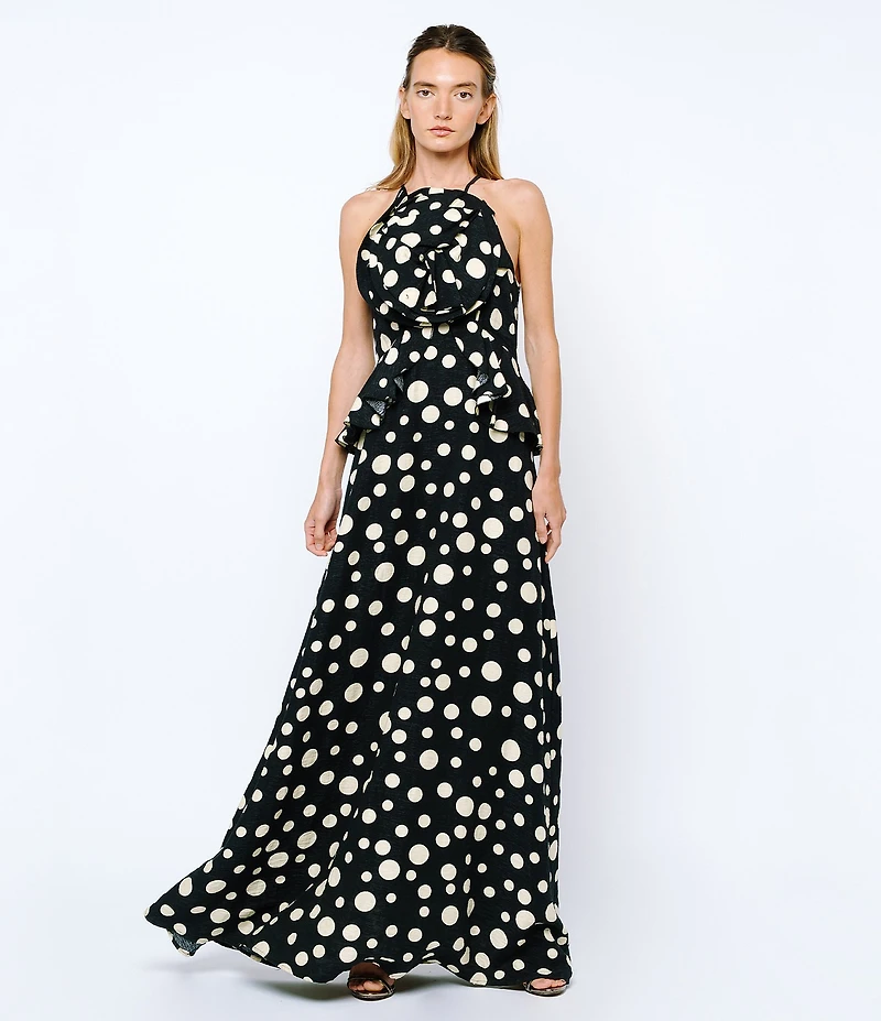 CIEBON Tashi 3D Flower Polka Dot Halter Neck Sleeveless Maxi Dress
