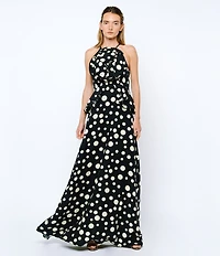 CIEBON Tashi 3D Flower Polka Dot Halter Neck Sleeveless Maxi Dress