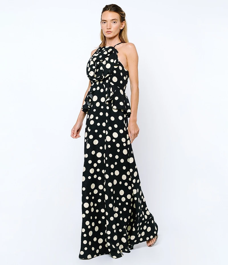 CIEBON Tashi 3D Flower Polka Dot Halter Neck Sleeveless Maxi Dress