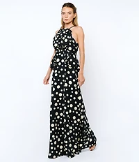 CIEBON Tashi 3D Flower Polka Dot Halter Neck Sleeveless Maxi Dress