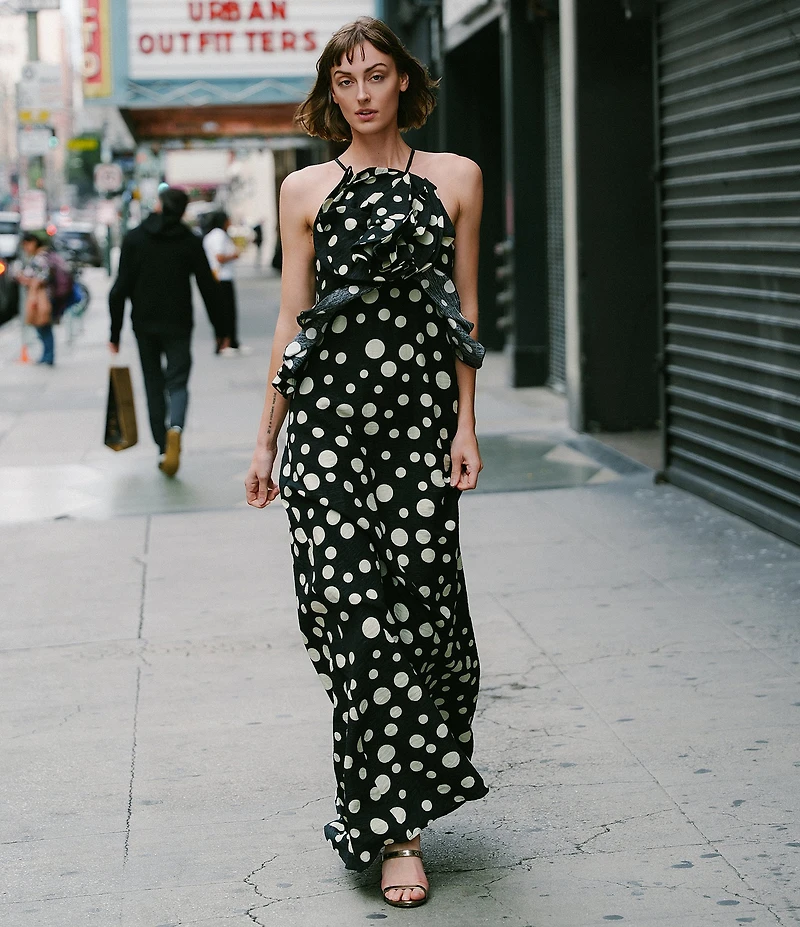 CIEBON Tashi 3D Flower Polka Dot Halter Neck Sleeveless Maxi Dress