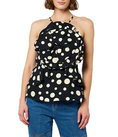 CIEBON Vietta 3D Flower Polka Dot Halter Neck Sleeveless Peplum Top