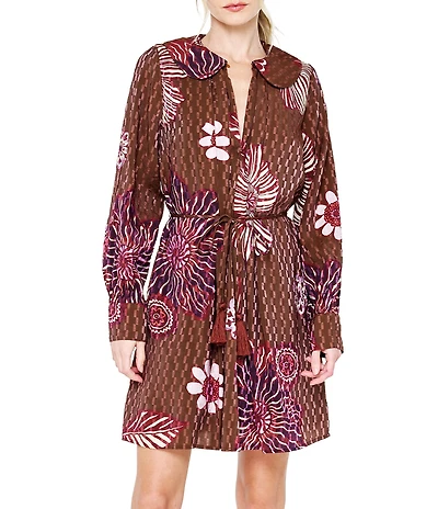 CIEBON Willow Textured Floral Printed Collared Long Sleeve Mini Dress