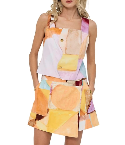 CIEBON Yesika Printed Square Neck Sleeveless Scalloped Front Coordinating Top