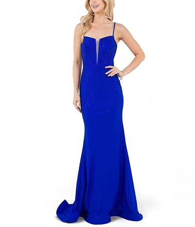 Cinderalla Couture Sleeveless Spaghetti Strap Beaded Lace Pattern Gown