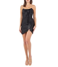 Cinderella Couture Clear Strap Corseted Rhinestone Front-Slit Open Back Mini Dress
