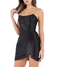 Cinderella Couture Clear Strap Corseted Rhinestone Front-Slit Open Back Mini Dress